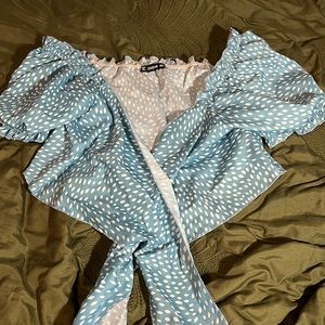 sky blue patterned off shoulder tie front top